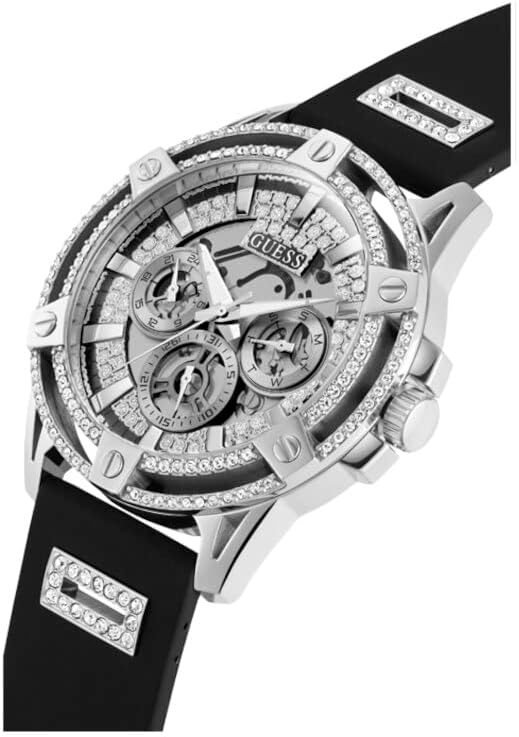 Guess GW0537G1 angle view with black silicone strap and crystal-accented case