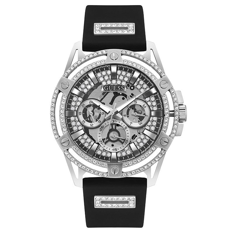 Guess GW0537G1 48mm quartz watch with silver multi-chronograph dial and black silicone strap