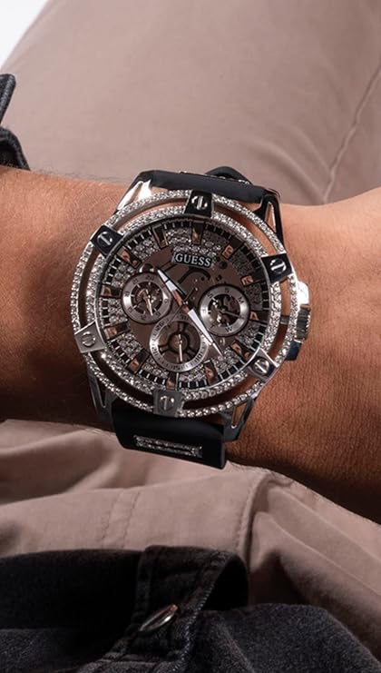 Guess GW0537G1 watch on wrist showing crystal-set bezel and chronograph subdials