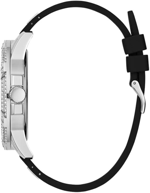 Guess GW0537G1 side profile showing stainless steel case with black silicone strap