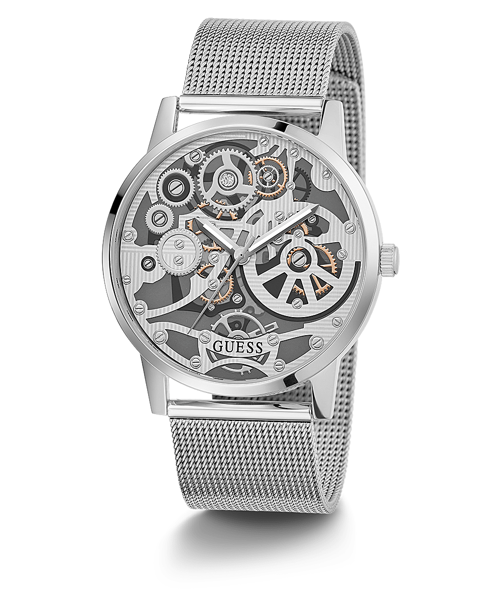Guess silver tone skeleton dial men's watch with mesh strap, model GW0538G1