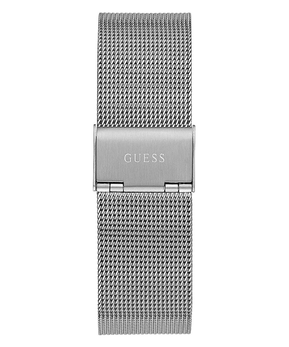 Guess silver mesh strap with fold-over clasp branded with Guess logo