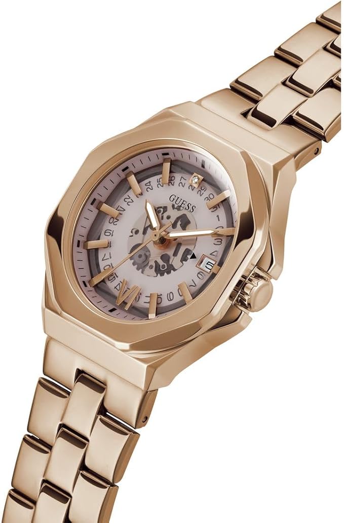 Angled view of GUESS GW0551L3 watch with rose gold case and skeletal dial