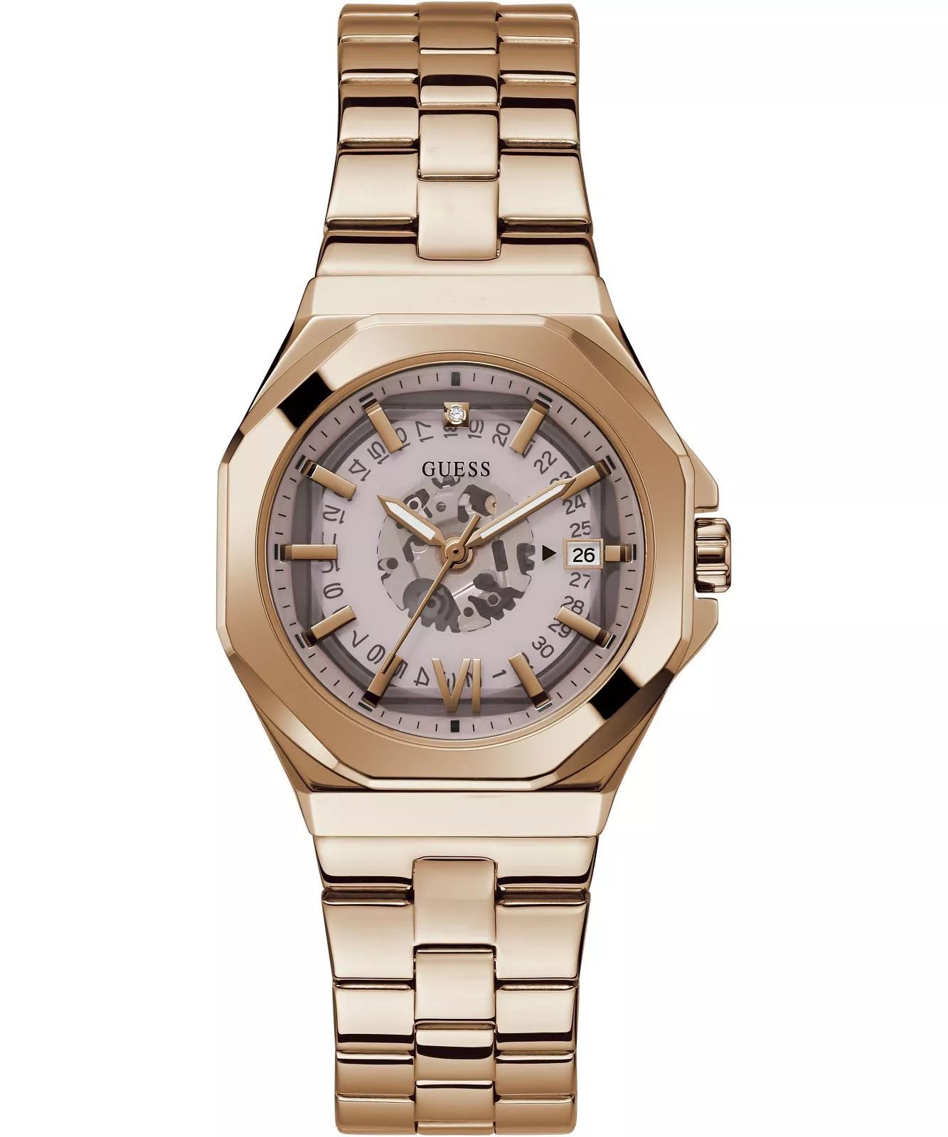 GUESS 34mm rose gold tone ladies watch with skeletal dial and matching bracelet