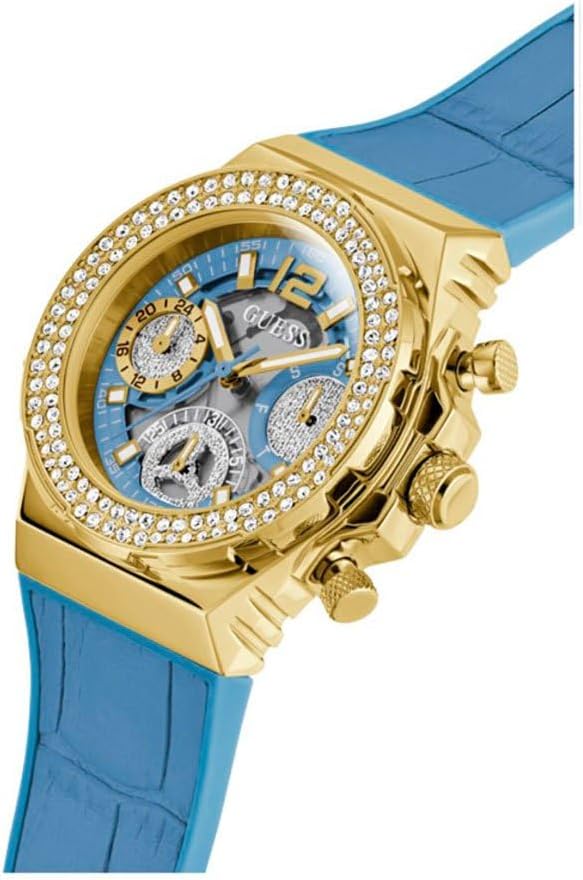 Guess GW0553L3 angle view of chronograph dial with subdials and crystal bezel