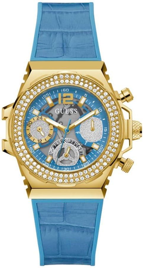 Guess GW0553L3 ladies watch with gold case, crystal bezel, blue dial, and blue leather strap