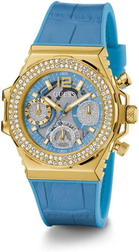 Guess GW0553L3 watch on wrist showing blue dial and leather strap