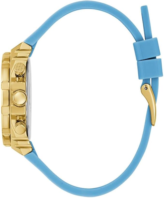 Guess GW0553L3 watch side view showing gold case and blue leather strap