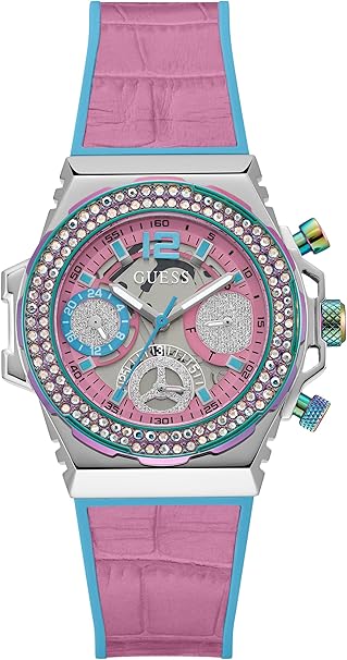 GUESS 36mm multifunction ladies watch with crystal bezel and pink dial