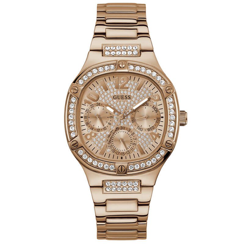 GUESS 40mm ladies watch with rose gold case, crystal bezel, and rose gold bracelet