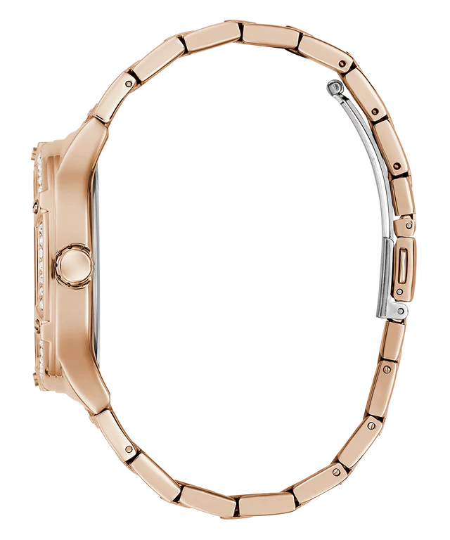 Side profile of GUESS GW0558L3 showing rose gold case and crystal-adorned bracelet