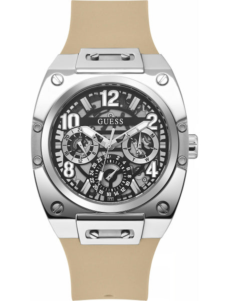 Guess GW0569G1 multifunction watch with skeleton dial and tan silicone strap