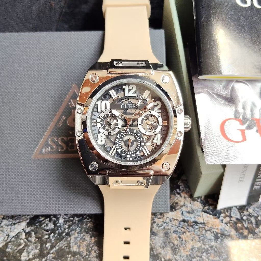 Guess GW0569G1 watch with tan strap, stainless steel case and chronograph subdials