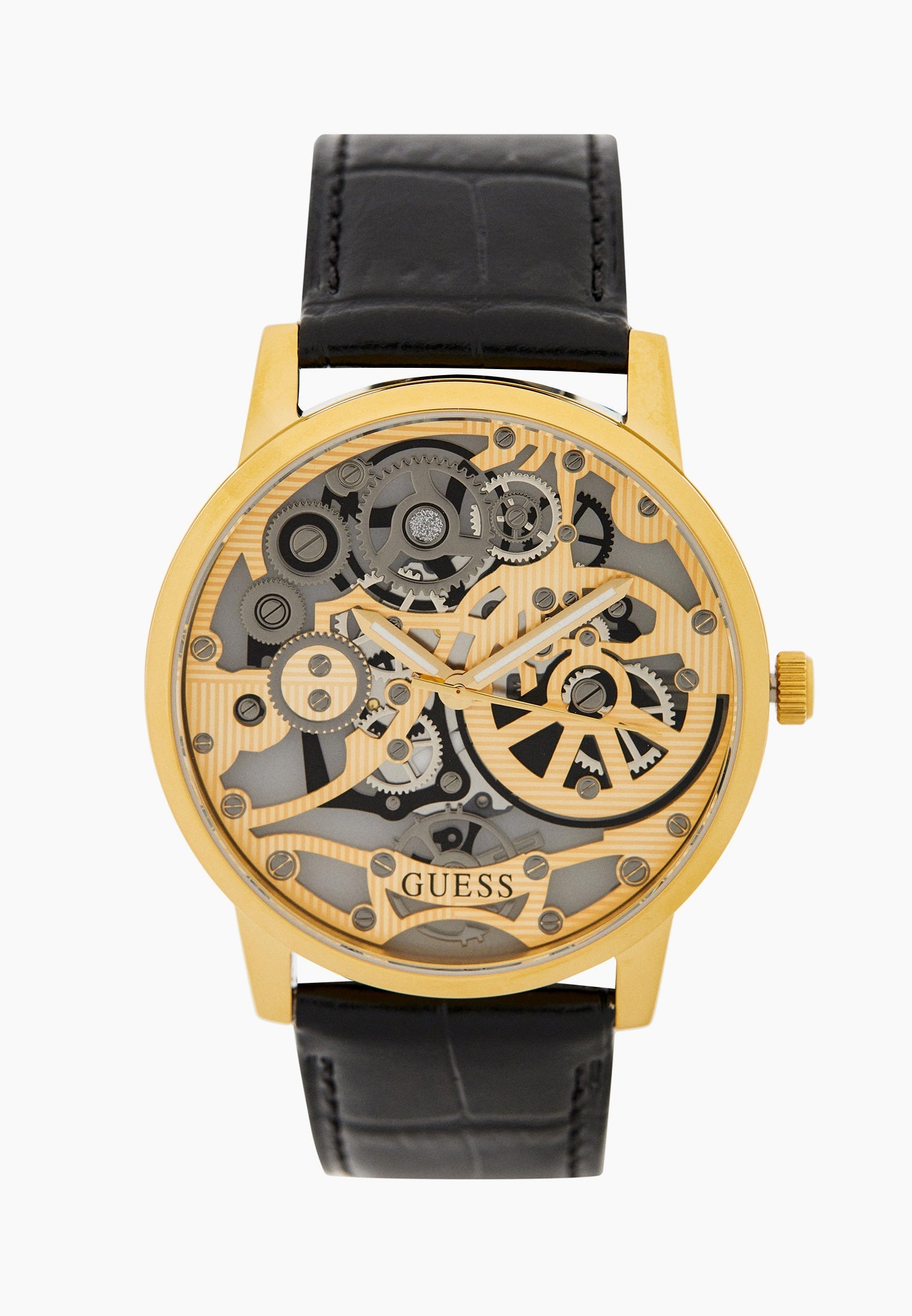 Close-up of transparent skeleton dial showing gold mechanical components on black background