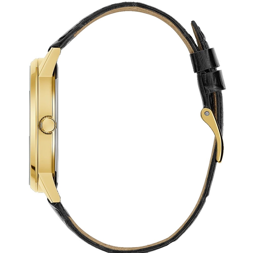 Side view of gold tone watch case with black leather strap and gold buckle