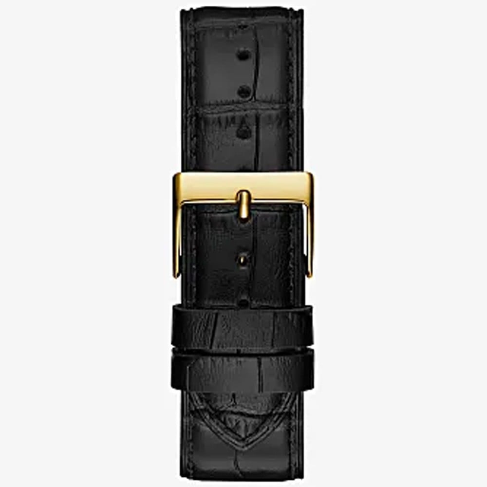 Black croc-embossed leather strap with gold tone buckle and adjustment holes