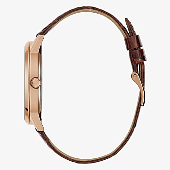 Guess GW0570G2 side view showing rose gold case and brown leather strap