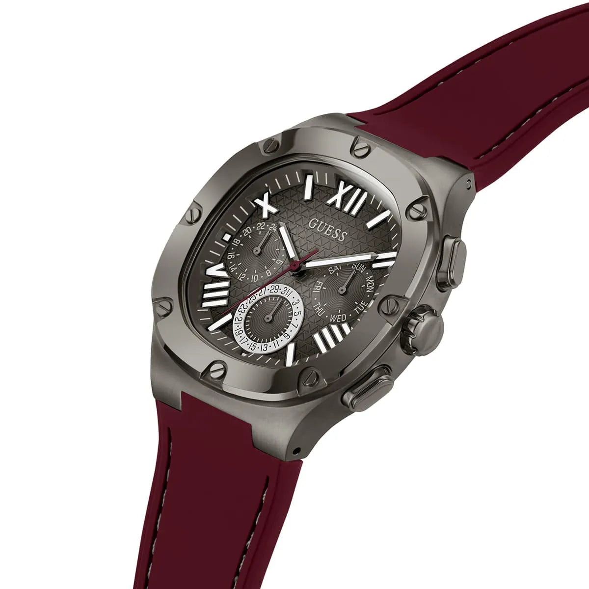 Side angled view of GUESS GW0571G4 watch with gunmetal case and burgundy rubber strap