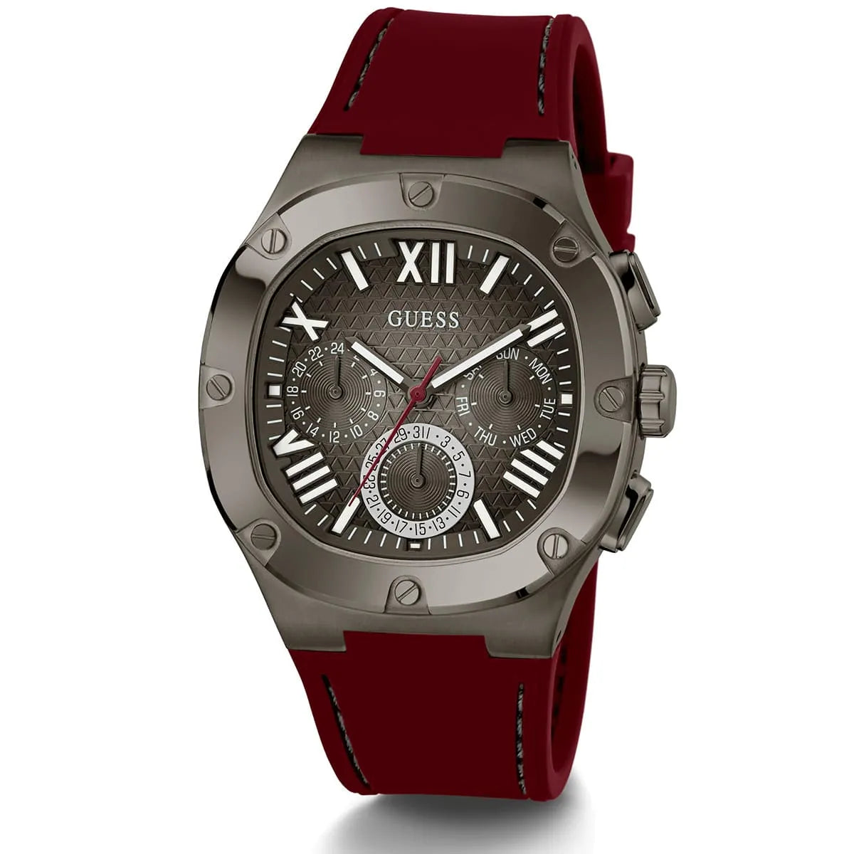 GUESS GW0571G4 gunmetal chronograph watch with red strap and white roman numerals