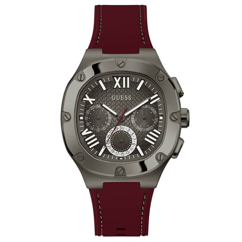 GUESS GW0571G4 men's watch with gunmetal case, gray chronograph dial, and burgundy strap