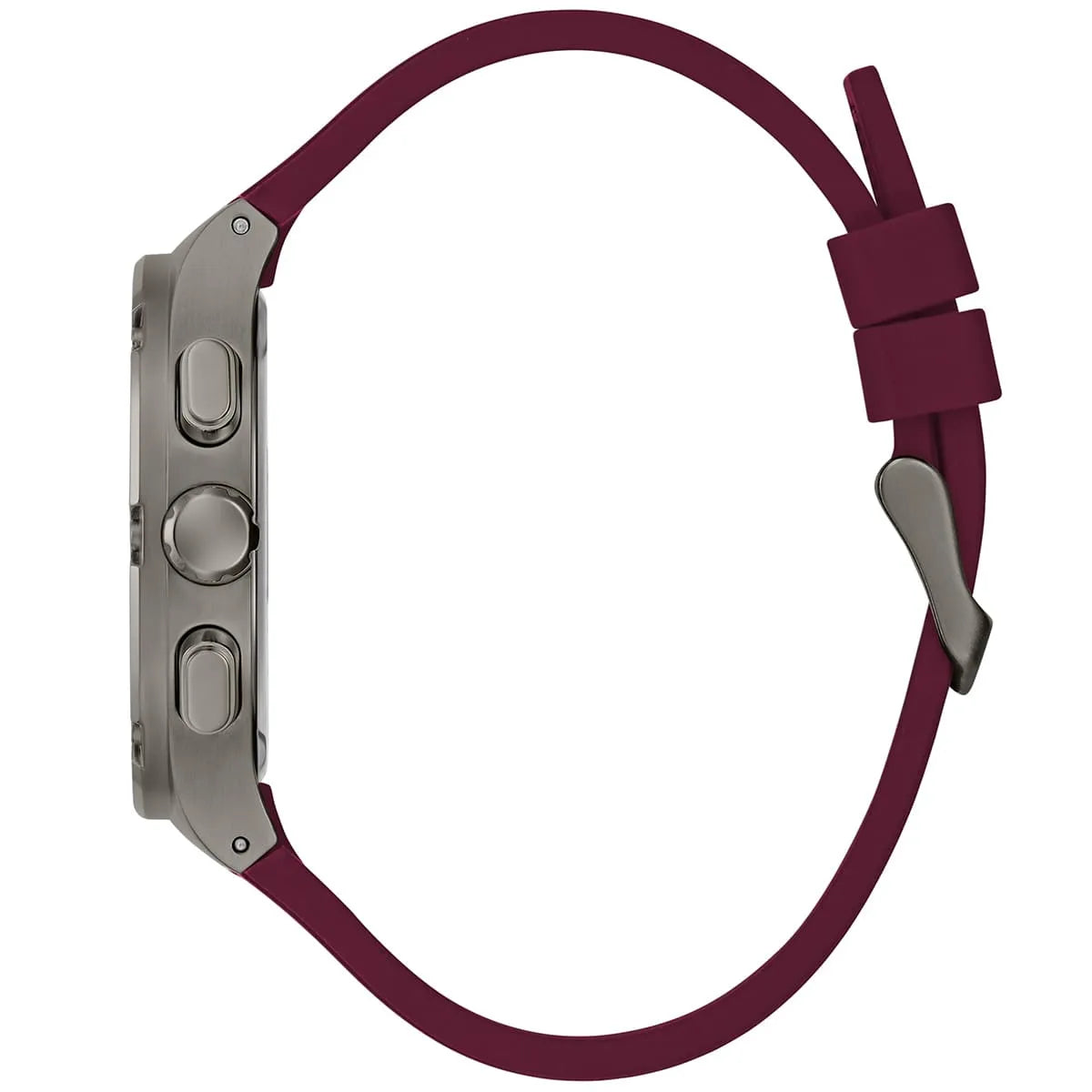 Side view of GUESS GW0571G4 showing gunmetal case thickness and red rubber strap
