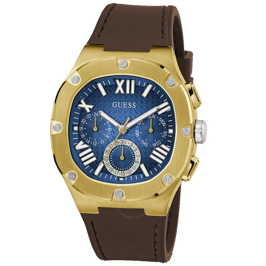 Guess gold tone and brown leather men's watch with blue multi-function dial and Roman numerals