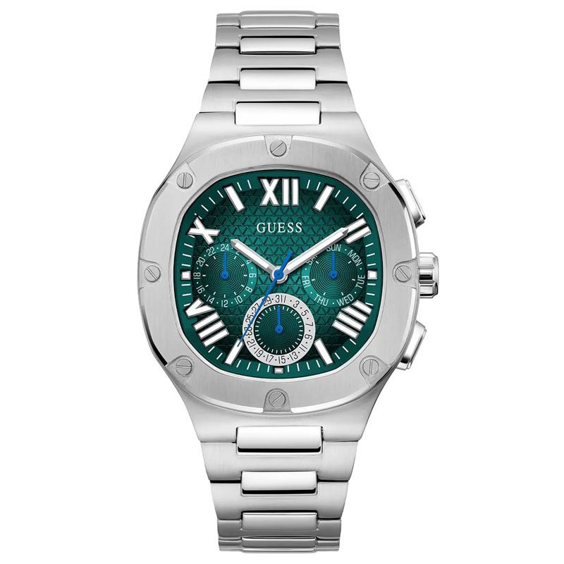 GUESS GW0572G6 silver tone men's watch with teal green dial and chronograph subdials