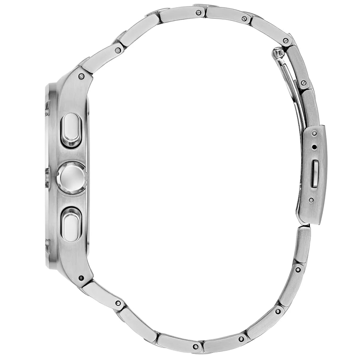 GUESS GW0572G6 side view showing silver stainless steel case and bracelet