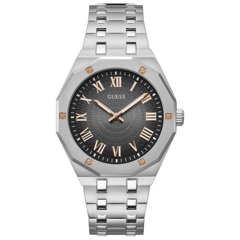 Guess GW0575G1 silver-tone watch with sunburst black dial and Roman numeral markers