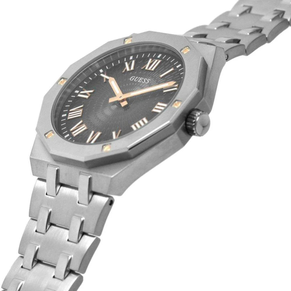 Guess GW0575G1 angled view showing silver case, black dial, and metal bracelet
