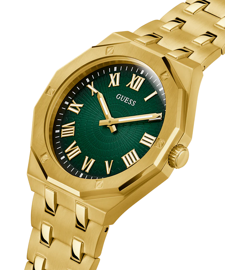 GUESS GW0575G2 gold watch at angle showing case and bracelet detail