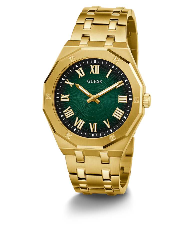 GUESS GW0575G2 gold watch with green sunburst dial and Roman numerals