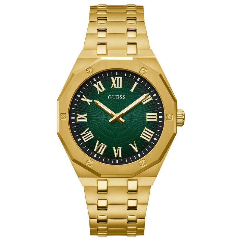 GUESS gold tone mens watch with green dial and Roman numeral markers