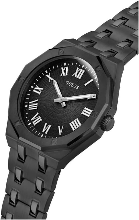 Angled view of Guess 42mm black watch with Roman numeral dial