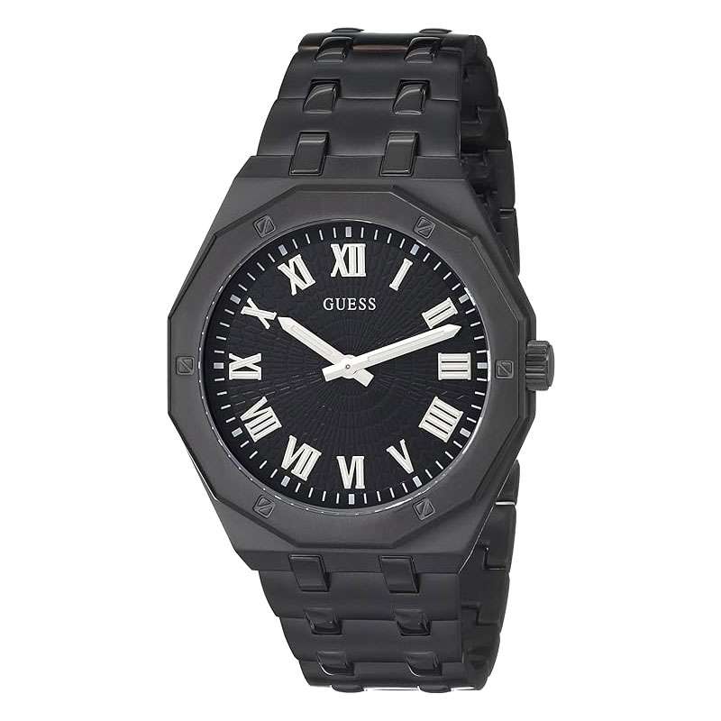 Guess 42mm black men's watch with sunburst dial and Roman numerals