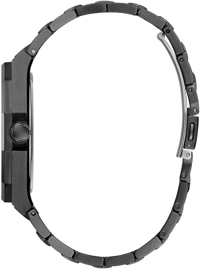 Side profile view of Guess black watch with metal link bracelet