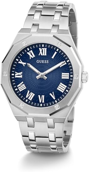 Angled view of Guess GW0575G4 quartz watch with octagonal case and blue dial