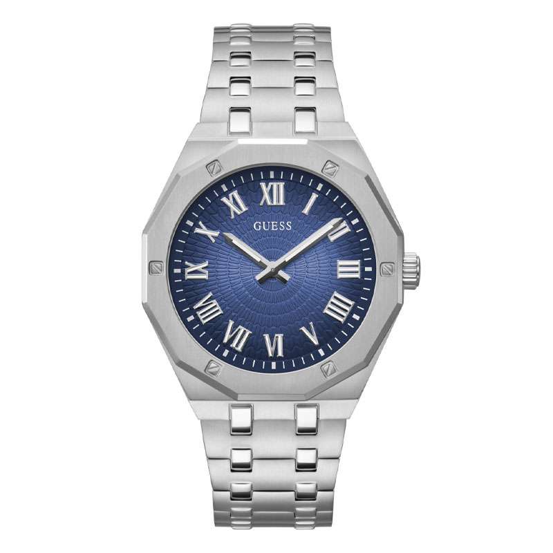 Guess GW0575G4 silver stainless steel watch with blue dial and Roman numeral markers