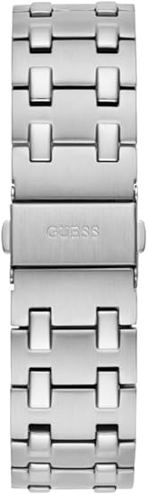 Close-up of silver stainless steel bracelet with rectangular link design on Guess GW0575G4
