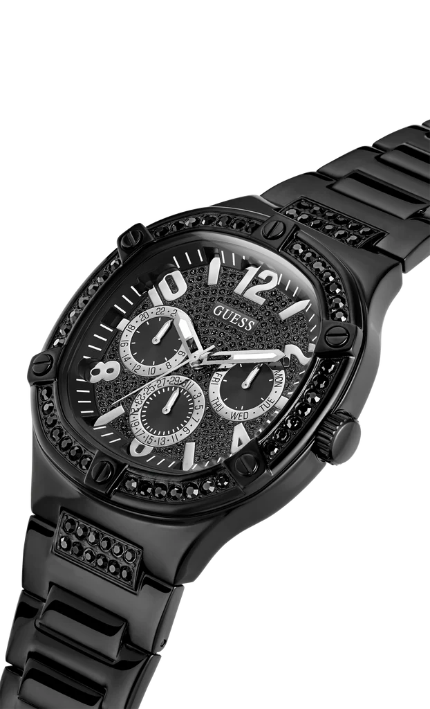 GUESS GW0576G3 black watch angled view showing face and metal bracelet