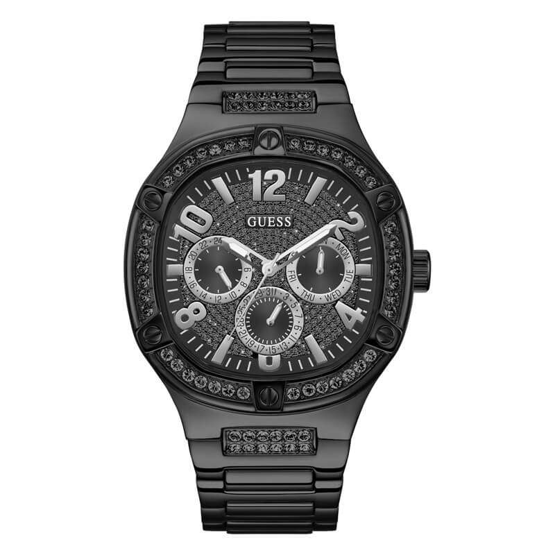 GUESS GW0576G3 black analog watch with crystal bezel and multifunction subdials