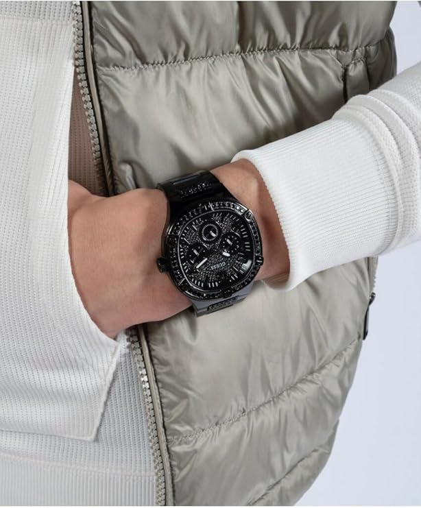 GUESS GW0576G3 black watch worn on wrist with white sleeve