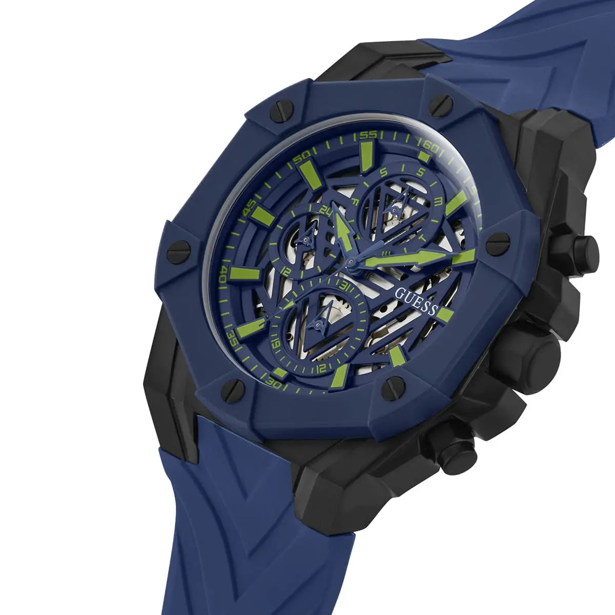 GUESS GW0579G3 blue chronograph watch at angle showing skeleton dial and rubber strap