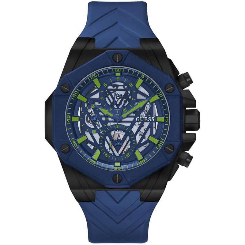 GUESS GW0579G3 blue skeleton dial watch with lime accents and black rubber strap
