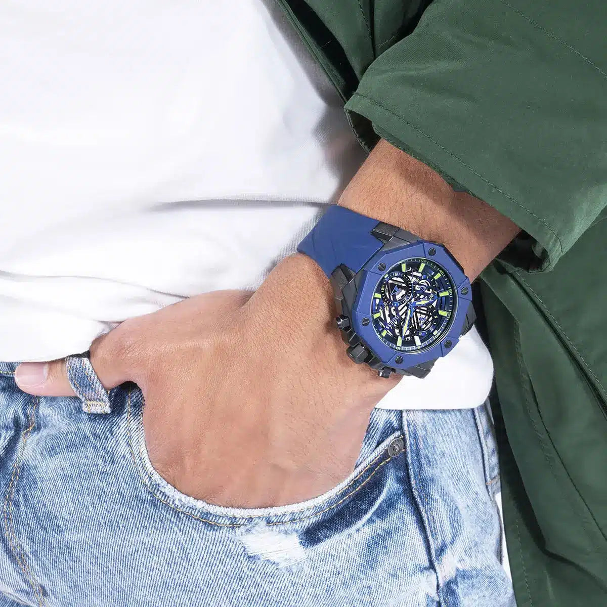 GUESS GW0579G3 blue chronograph watch on wrist with casual styling