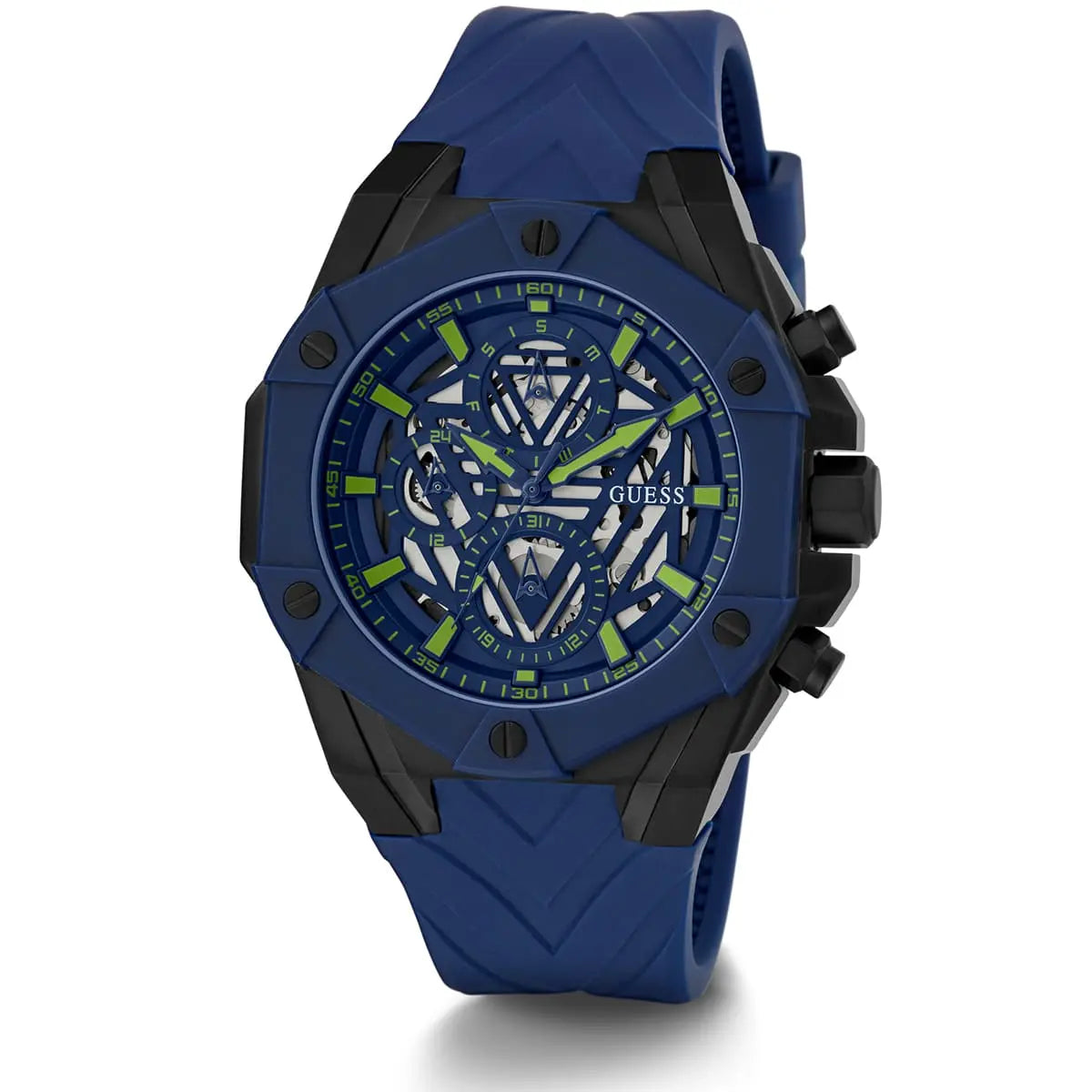 GUESS GW0579G3 blue multi-function watch with skeleton dial on side profile