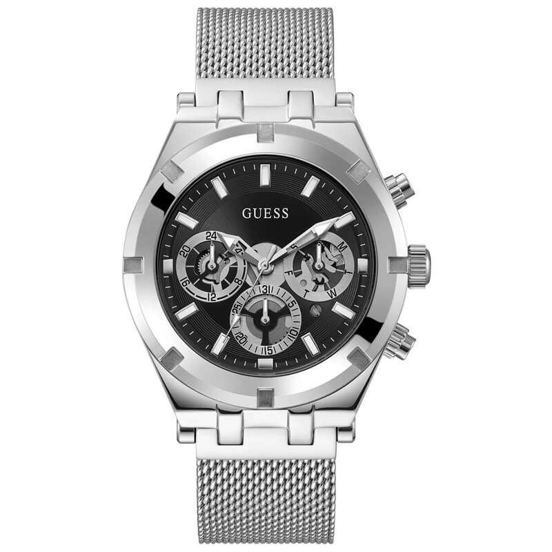 Guess GW0582G1 silver stainless steel chronograph watch with black dial and mesh strap