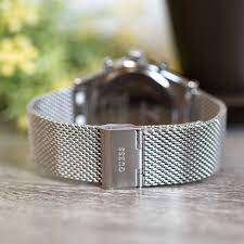 Guess GW0582G1 silver stainless steel mesh watch strap detail with clasp