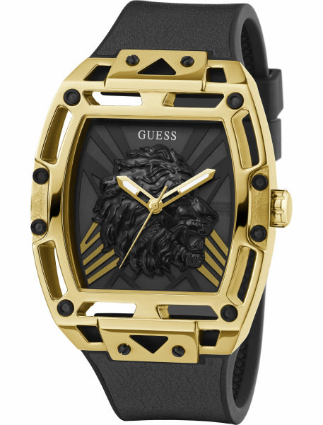 Three-quarter view of Guess GW0595G1 gold case with black rubber strap