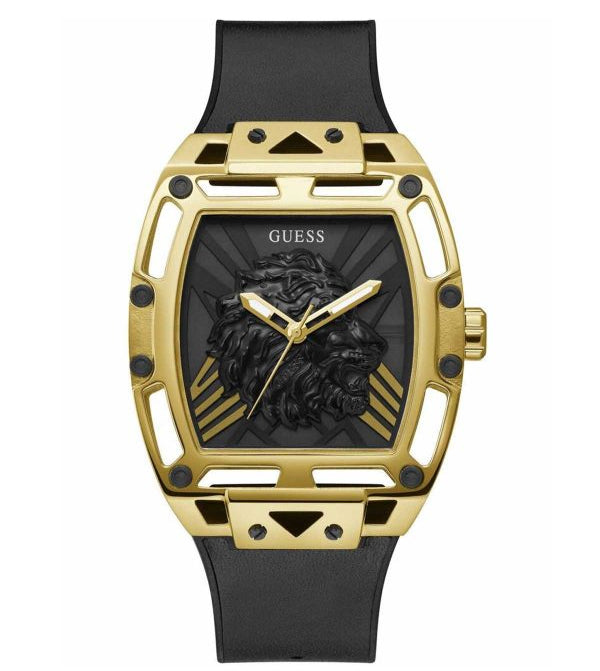 Guess GW0595G1 gold tone quartz watch with black dial and lion emblem